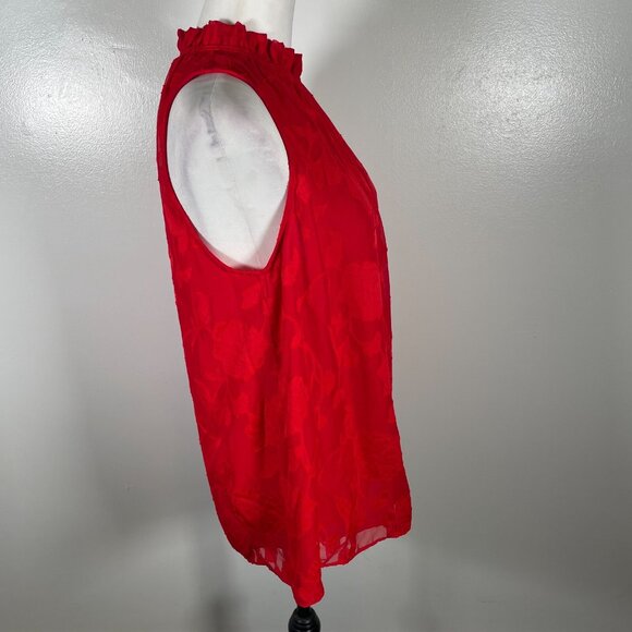 Michael Kors Blouse Top Womens Large Red Embossed Floral Shirred Neck Sleeveless - Picture 12 of 15